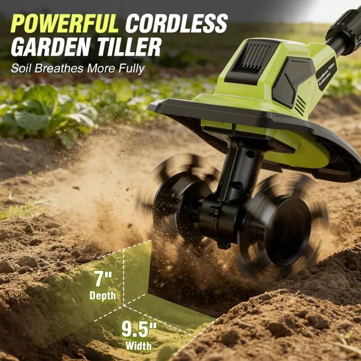 21V Cordlees Tiller Cultivator for Gardening, 400RPM Electric Garden Tiller, Brushless Rototiller with 2 * 3.0Ah Battery, 9.5 Width 7 Depth, for Yard、Lawn、Soil Tiller (Green)